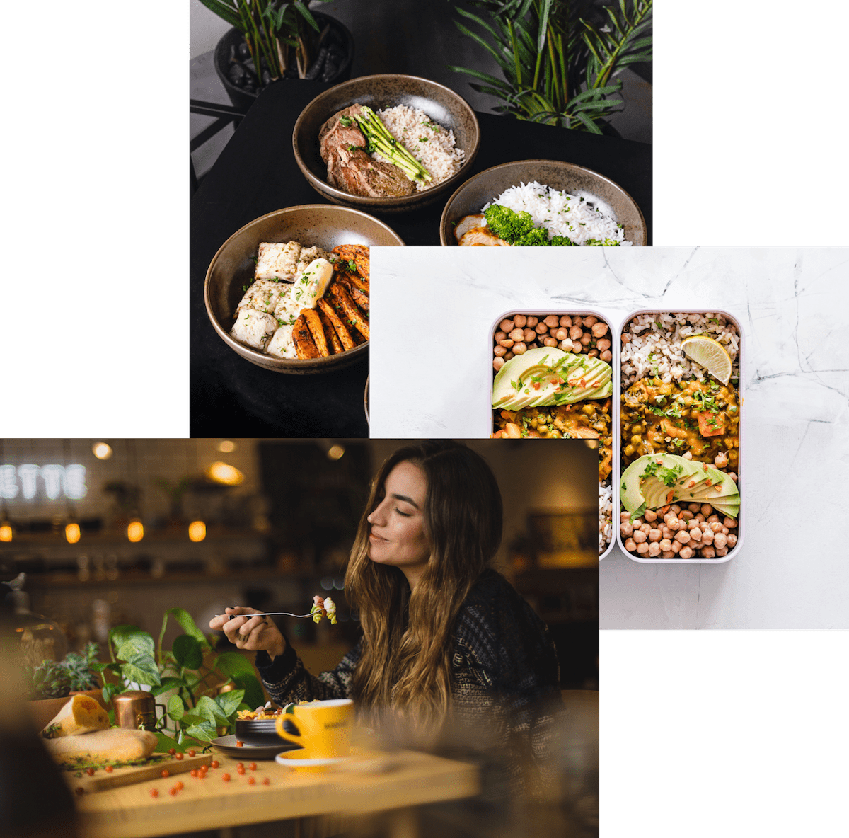 women enjoying food, meals in storage container, 
                and food bowls on a table